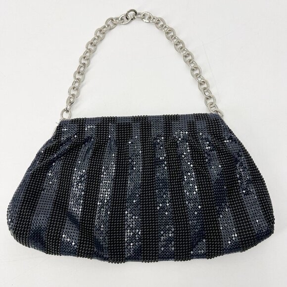 BCBGMAXAZRIA Black Navy Striped Mesh Shoulder Bag Chain Strap Evening Party HOCO - Picture 5 of 13